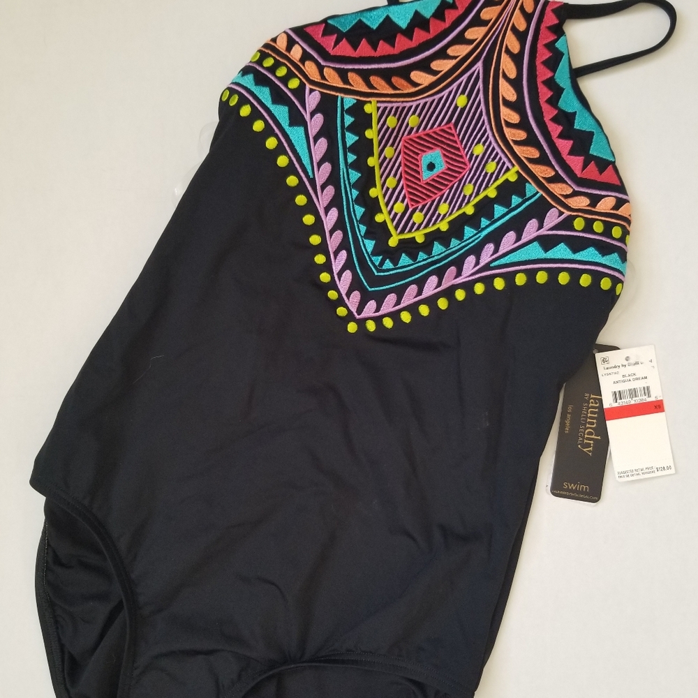 NWT Laundry By Shelli Segal Black Antigua Swimsuit with Vibrant Yoke XS $128.